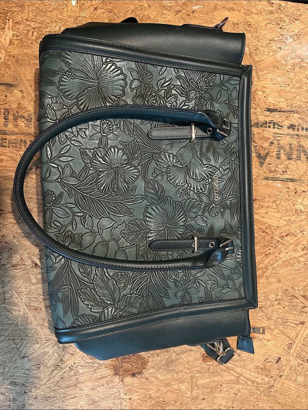 Embossed Floral Tote in Charcoal Green with Top Handles
